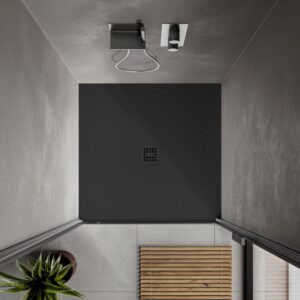 STONETOUCH 36″ WATERPROOF™ SHOWER BASE IN ALCOVE IN BLACK MATTE