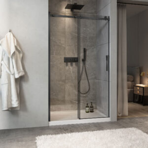 Zitta Minia Shower door 48", in alcove, in matte black