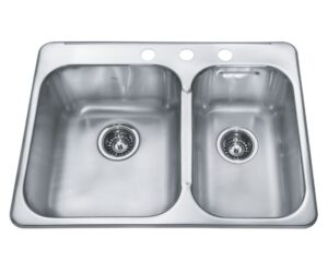 KINDRED Reginox Évier de cuisine en acier inoxydable à deux cuvettes à encastrer avec 3 trous de robinet, 27,25 po x 20,56 po.