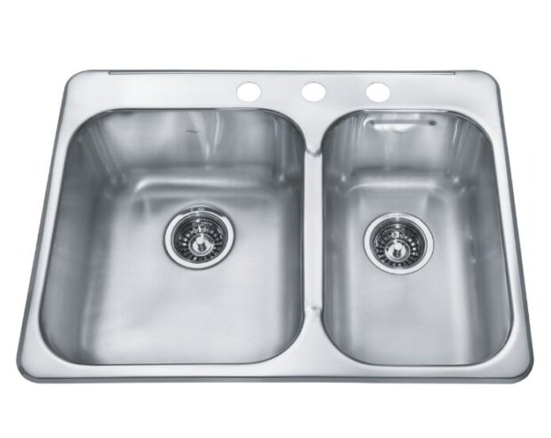 KINDRED Reginox Évier de cuisine en acier inoxydable à deux cuvettes à encastrer avec 3 trous de robinet, 27,25 po x 20,56 po.