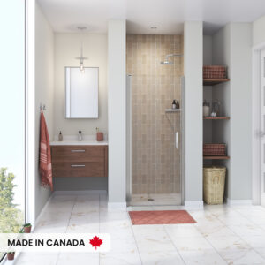 MAAX Manhattan Porte de douche à pivot 31-33 x 68 po, 6mm pour installation en alcôve avec verre clair, poignée ronde et fini chrome (Dernier en Inventaire)