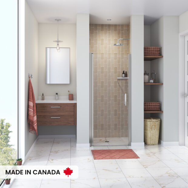 MAAX Manhattan Porte de douche à pivot 31-33 x 68 po, 6mm pour installation en alcôve avec verre clair, poignée ronde et fini chrome (Dernier en Inventaire)