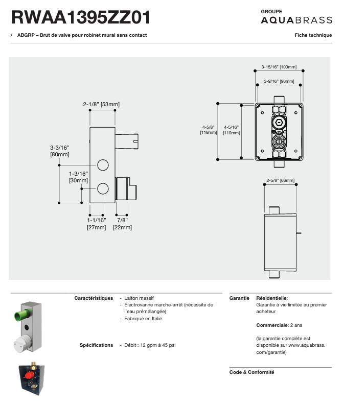 AQUABRASS Rwaa1395zz01 BRUTE DE VALVE POUR ROBINET DE LAVABO MURAL SANS CONTACT