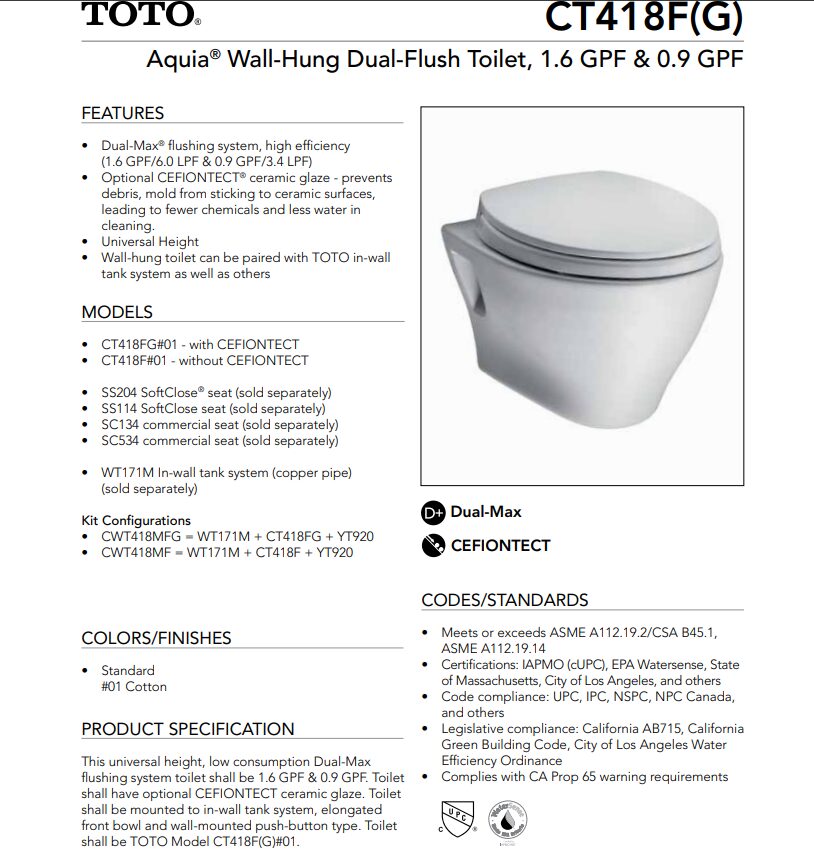 Toto Toilette Aquia (suspendue, conforme à la norme ADA, finition Sanagloss) CT418FG#01 Blanc coton