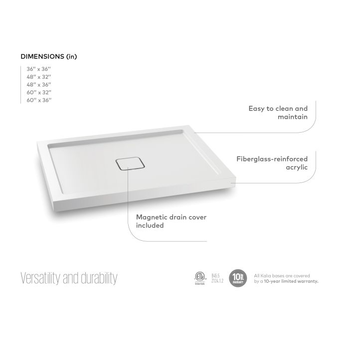 KALIA Kover™ Rectangular acrylic shower base 48” x 36” - Centered drain (Tiling flange kit included)