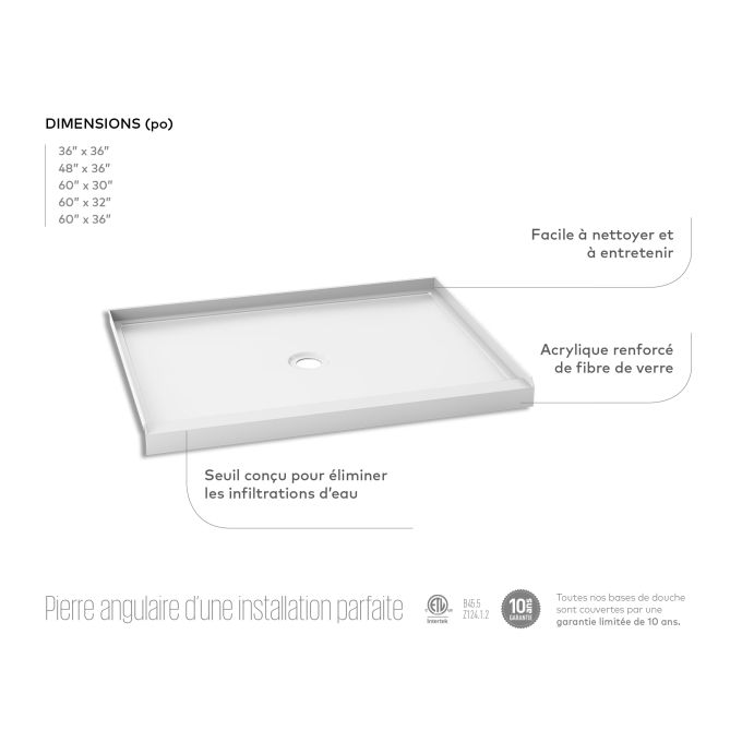 KALIA Koncept™ 60x36 Base de douche rectangulaire en acrylique ALCOVE 60” x 36” - Drain central