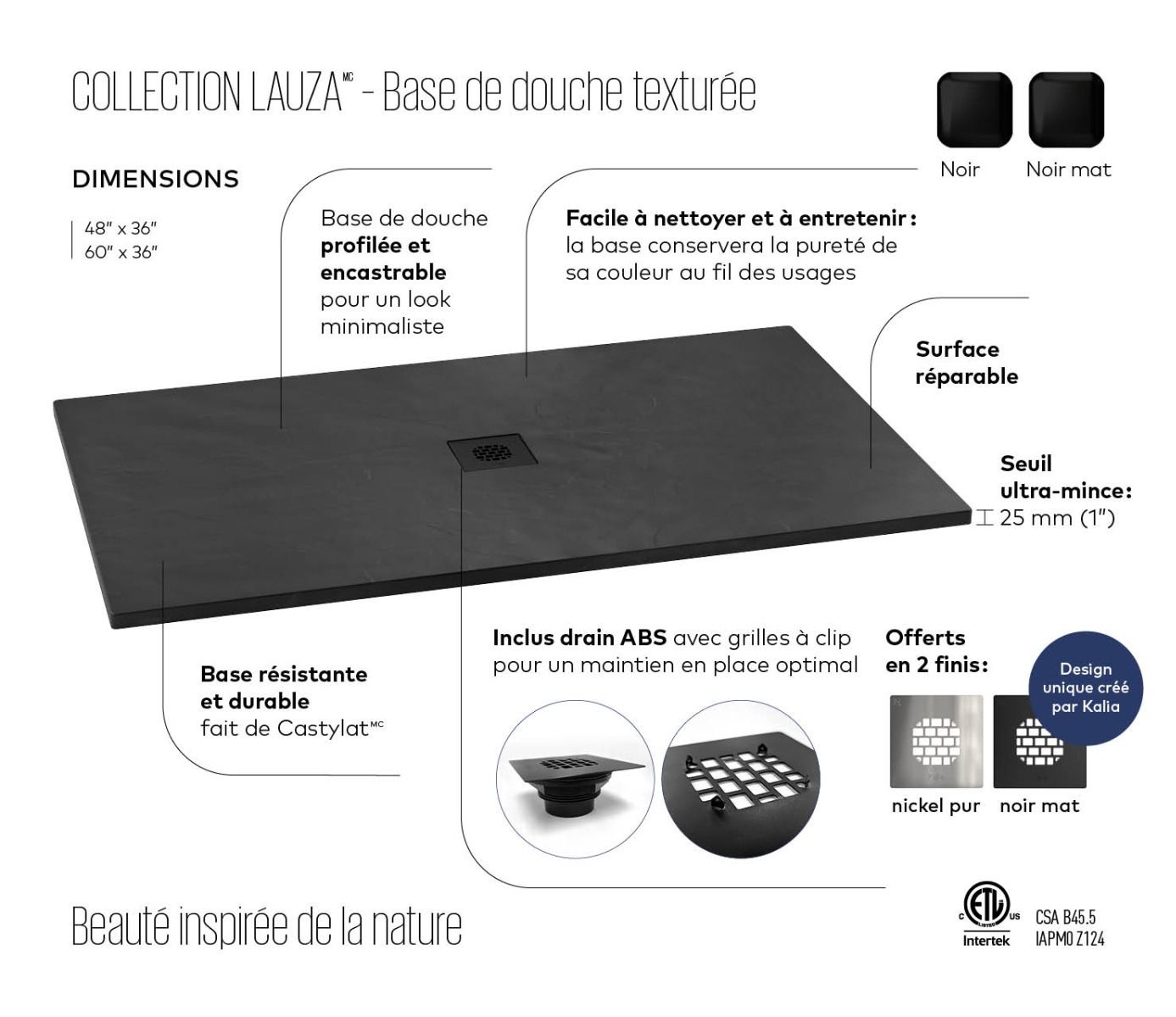 KALIA LAUZA Base de douche en Castylat™ 48” x 36” - Noir texturé
