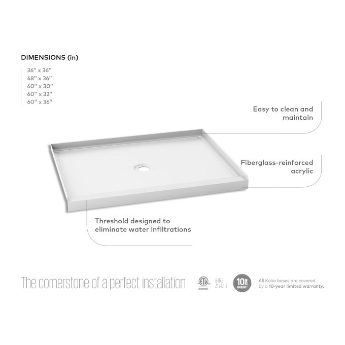 KALIA Koncept™ Base de douche rectangulaire en acrylique ALCOVE 48” x 36” - Drain central