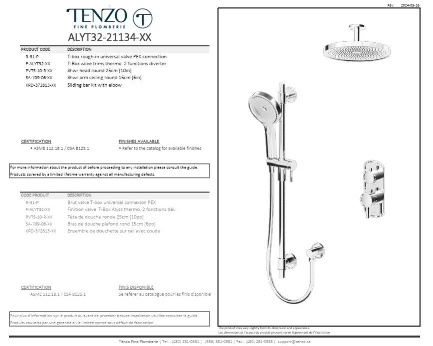 TENZO Alyss Shower kit, 2 functions, Ceiling Arm, Brushed Nickel, Valve Included